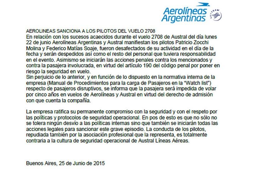 Demandan y despiden a pilotos por volar con celebridad en la cabina del avión - comunicado-aerolineas-argentinas