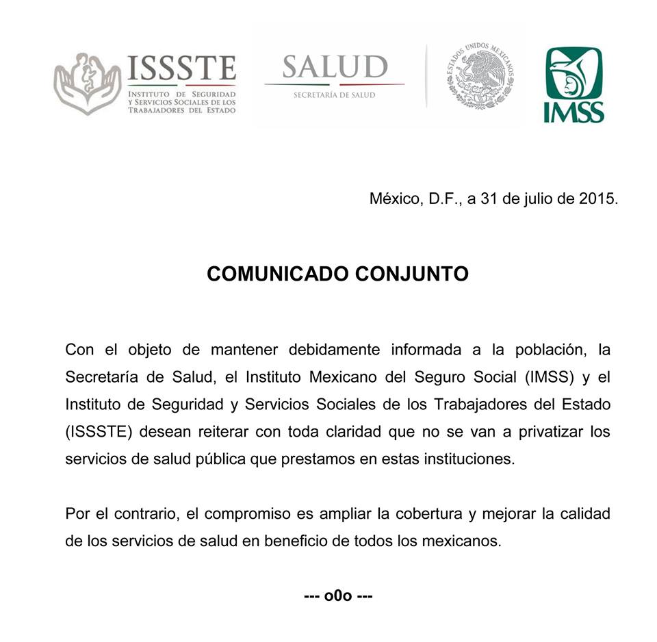 Reitera SSA, IMSS e ISSSTE que servicios de salud no se privatizan - comunicado-conjunto