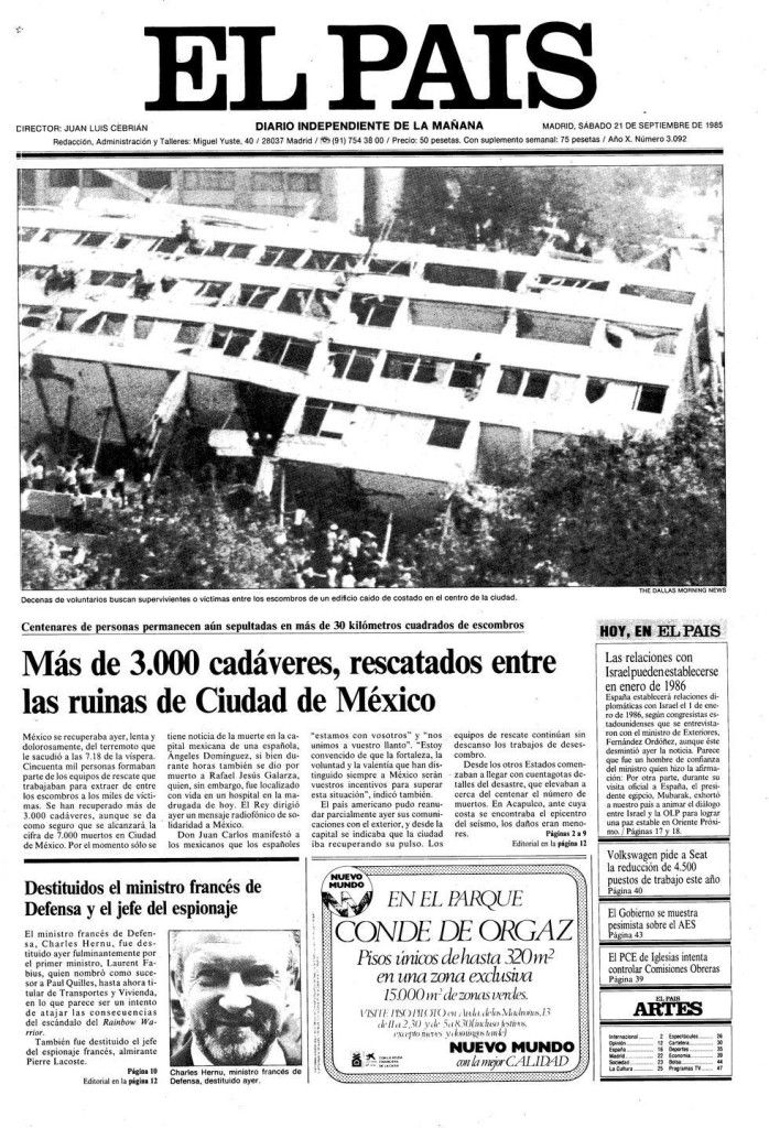 Portadas de periódicos del 19 de septiembre de 1985 - El-País-698x1024